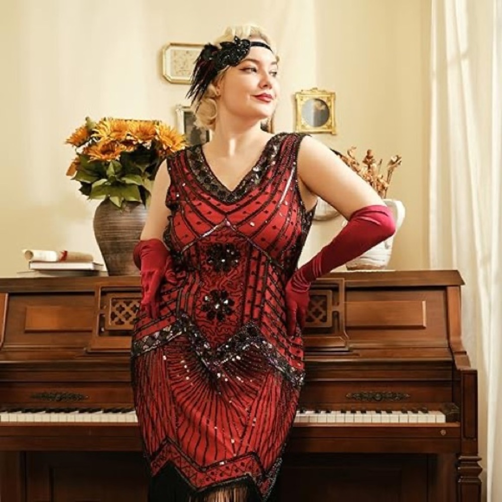 NWOT Plus Size Flapper Dresses 1920s V Neck Beaded Fringed Great Gatsby Dress